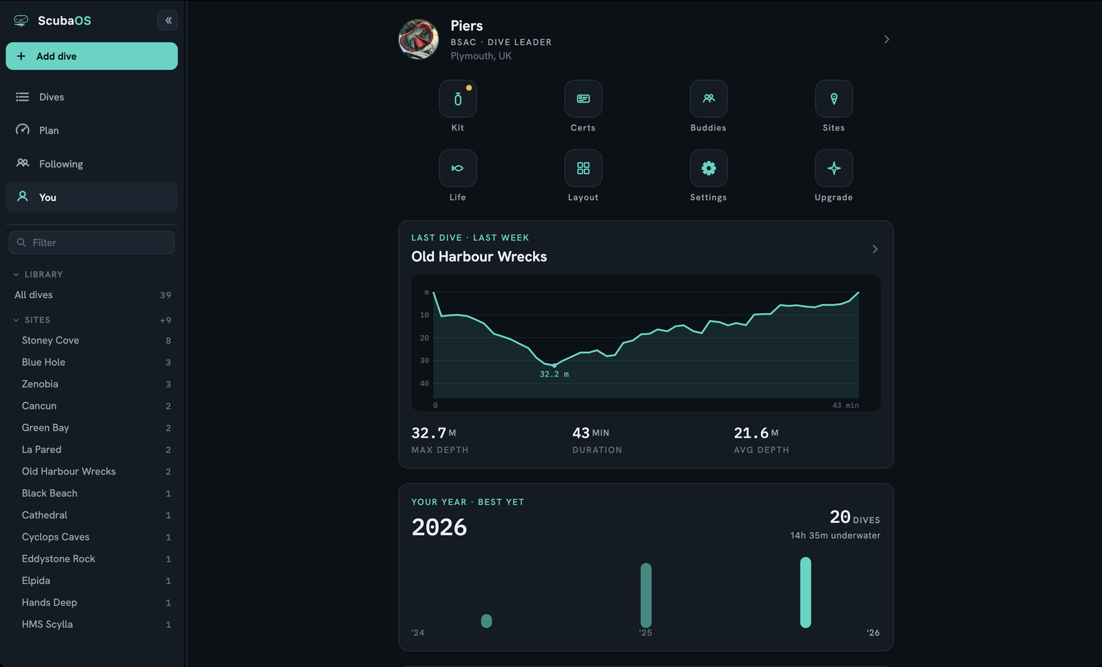 ScubaOS on the desktop: a sidebar and your customisable dive dashboard, with your last dive, this year's diving and your most-dived sites