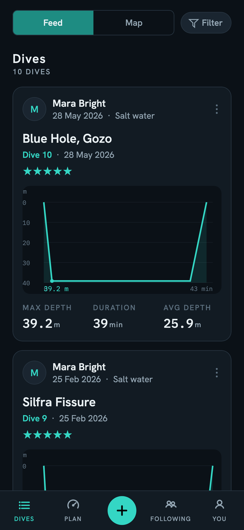 The logbook: every dive with its own profile trace
