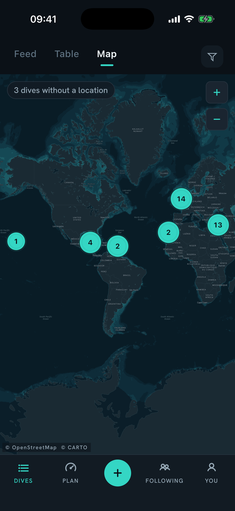 The dive map: your dives clustered on an offline world map