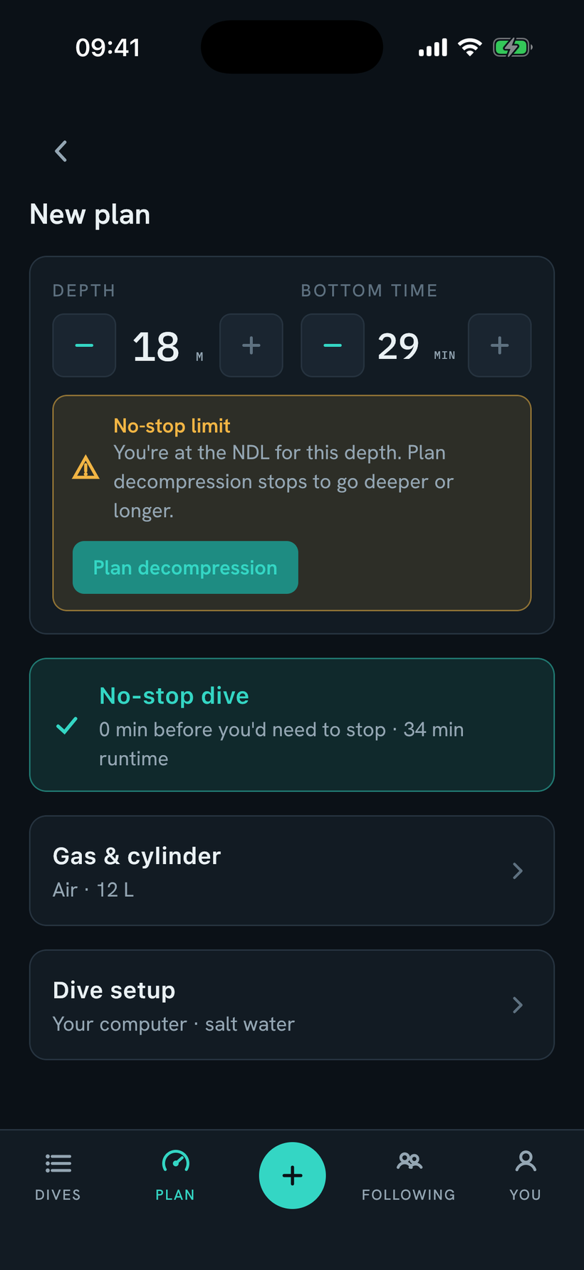 The planner at the no-stop limit, offering to plan decompression rather than bend the schedule