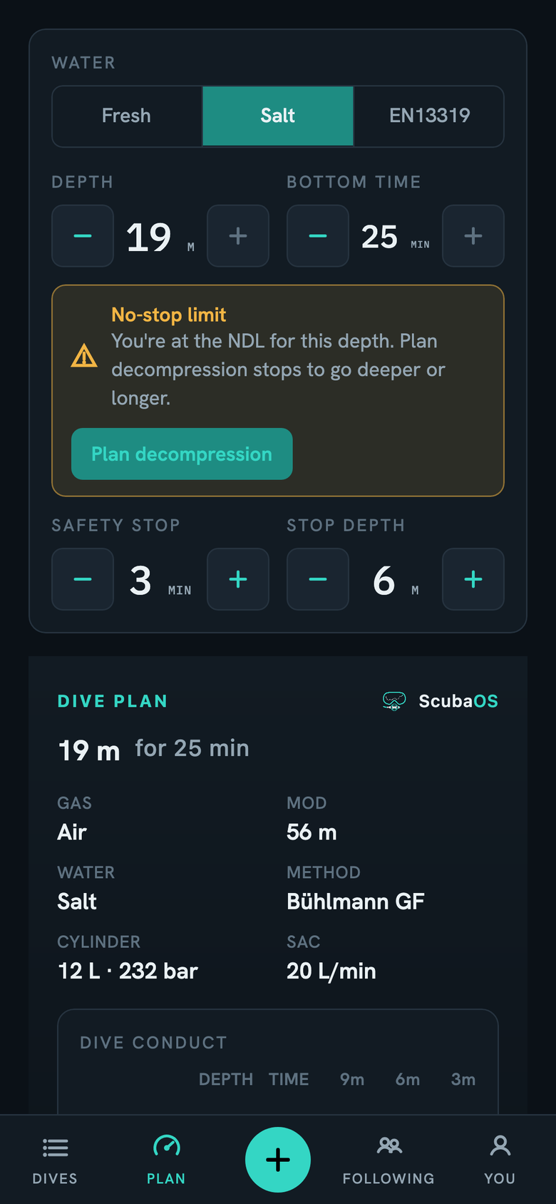 The planner at the no-stop limit: a labelled warning with an icon, explaining the choice: stay within the limit or plan decompression
