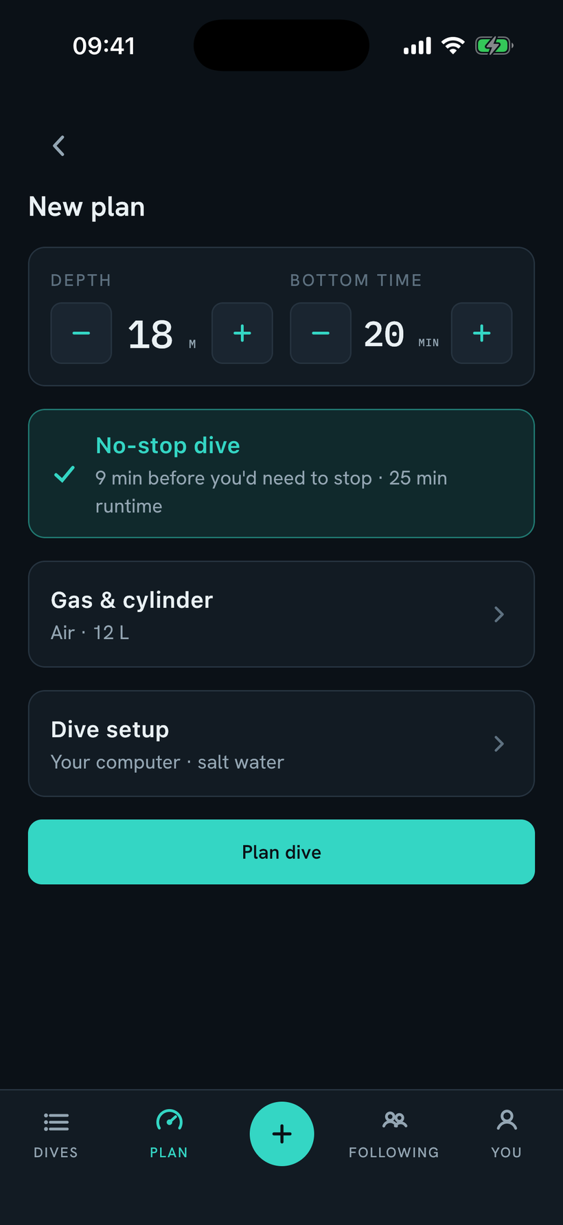The guided planner on a recreational dive: 18 metres for 20 minutes, a no-stop dive with 9 minutes in hand, and gas and setup tucked into collapsed sections