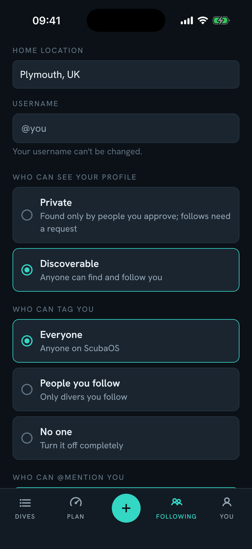 Profile and privacy controls: display name, qualification, and who can see your profile, with Private as an option