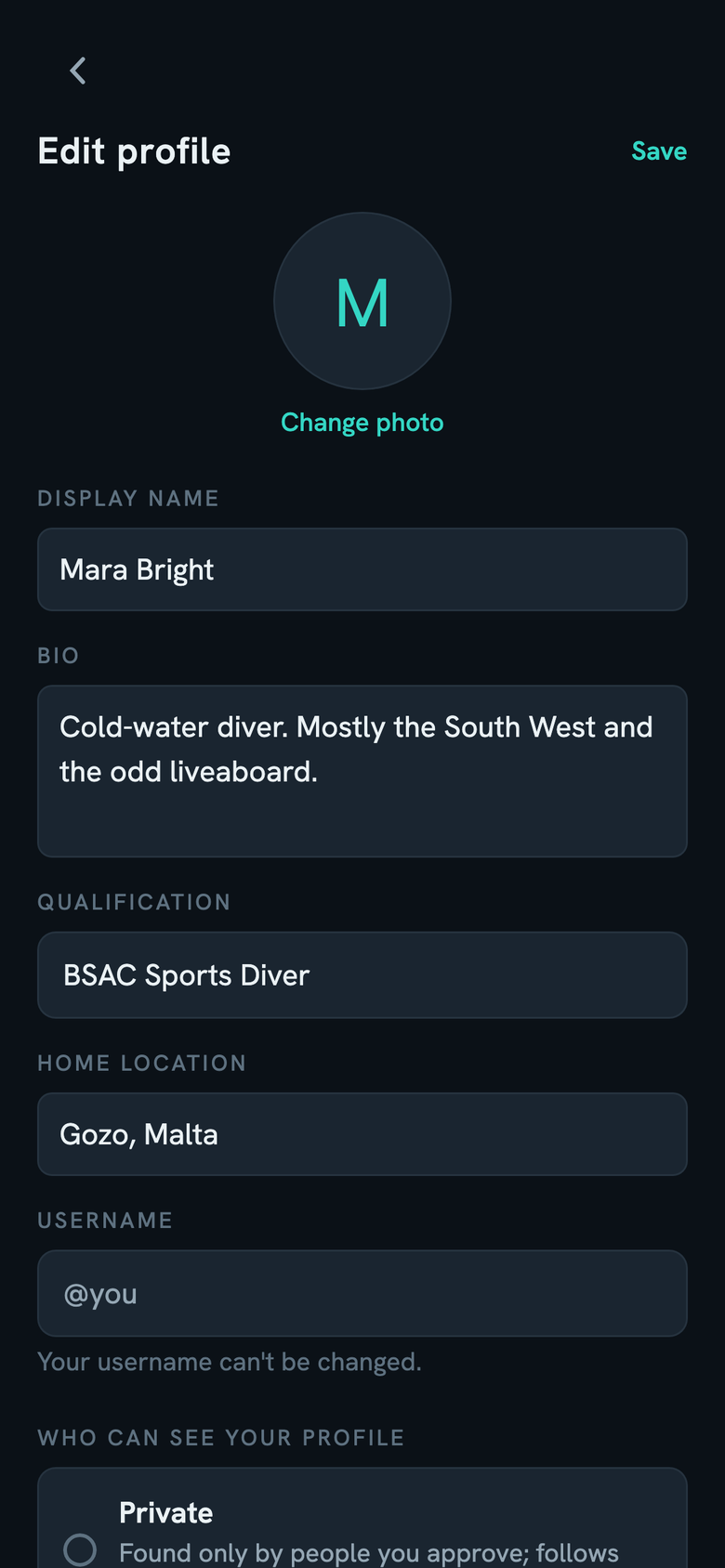 Profile and privacy controls: display name, qualification, and who can see your profile, with Private as an option
