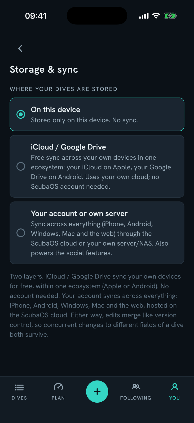 Storage & sync: on this device, your own iCloud or Google Drive, or your account and own server