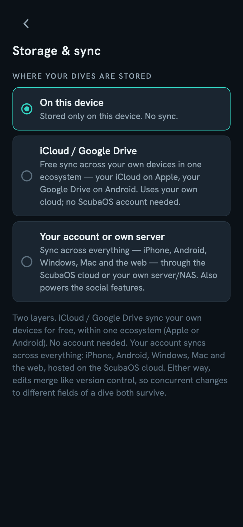 Storage & sync: on this device, your own iCloud or Google Drive, or your account and own server
