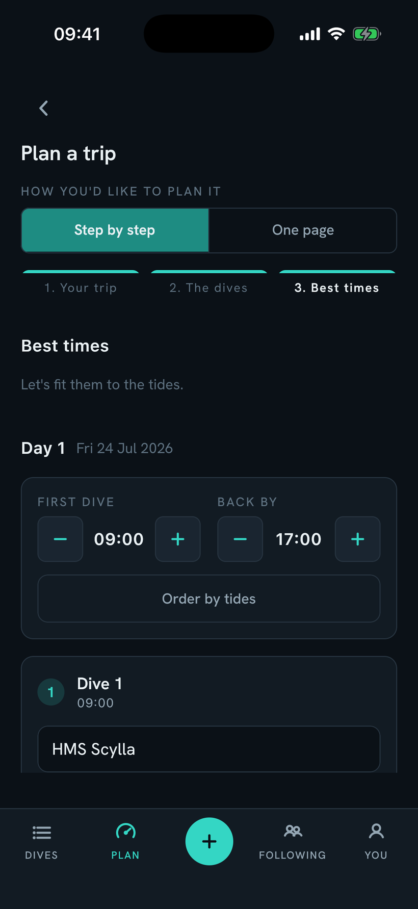 The guided trip builder on the best-times step: a day with a first-dive and back-by window, an order-by-tides button, and the first dive at HMS Scylla