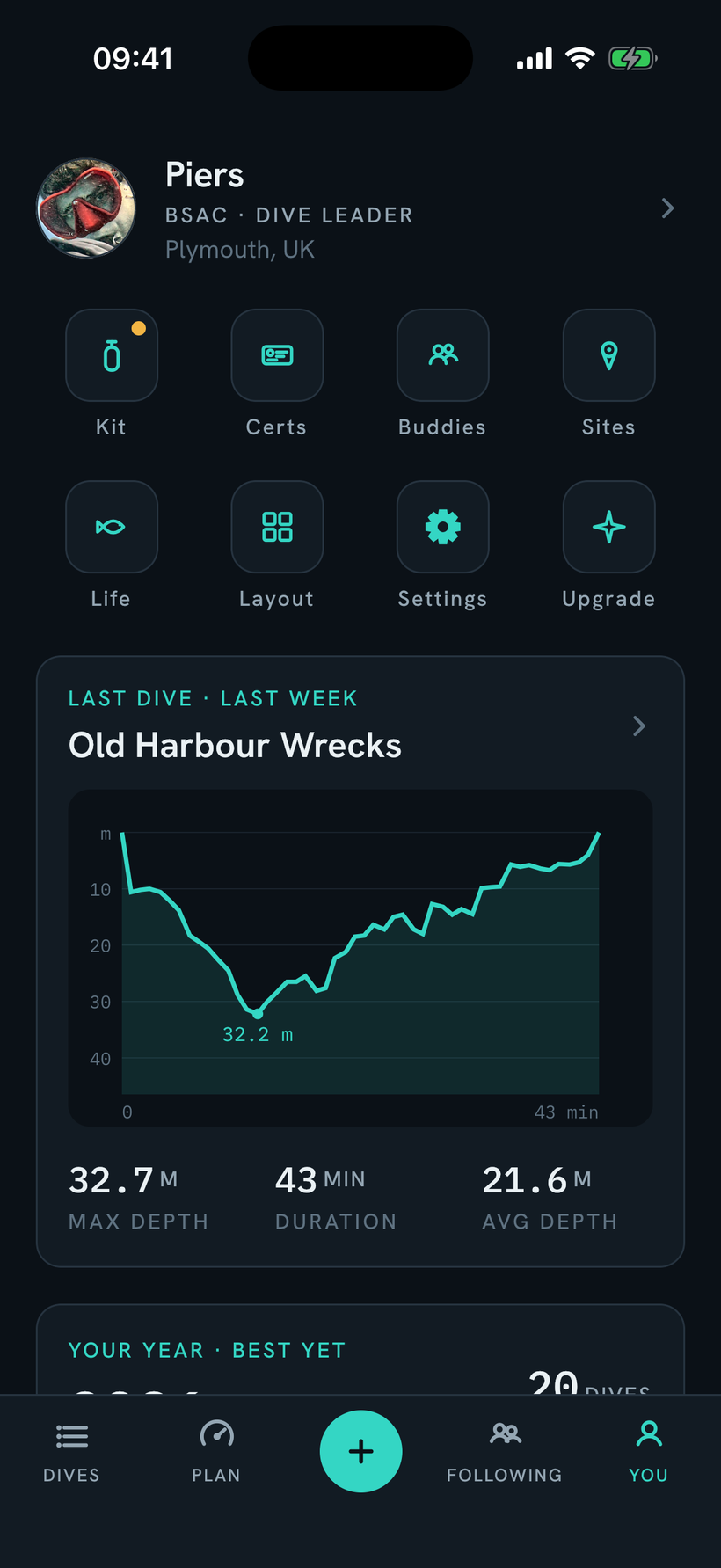 Your diving hub: your last dive, this year's diving, and quick links to your kit, sites and buddies, on a dashboard you arrange