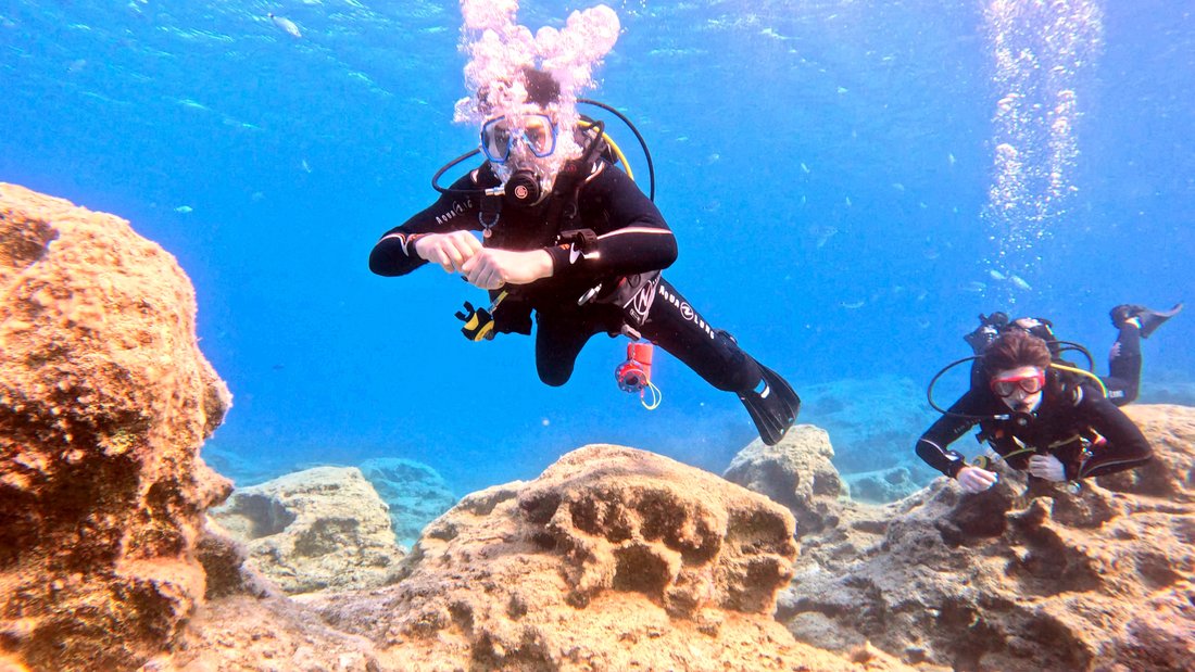 A diver hovering over a sunlit reef in clear blue water, colour restored from dive footage