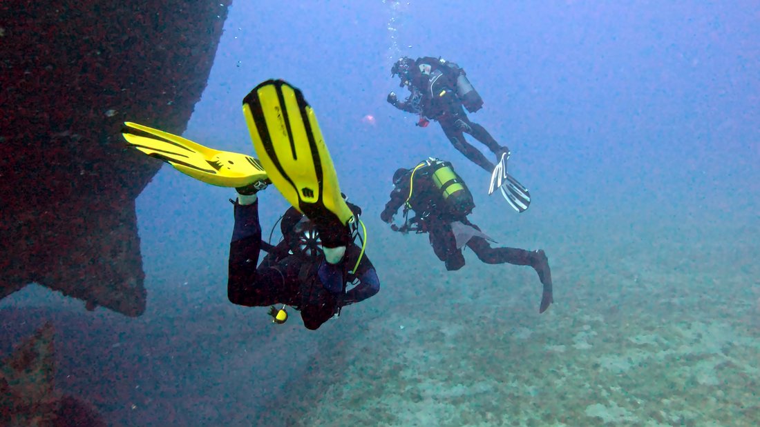 Divers with bright yellow fins over the reef, sharp and well framed
